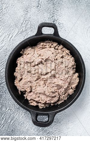 Duck Pate Rillettes De Canard In A Pan. White Background. Top View. Copy Space
