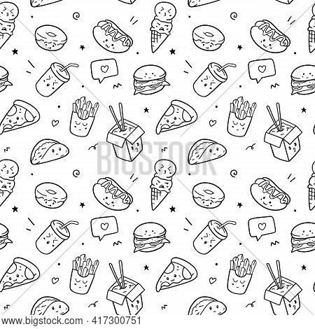 Food Seamless Pattern Doodle Drawing Design Concept. Vector Illustration