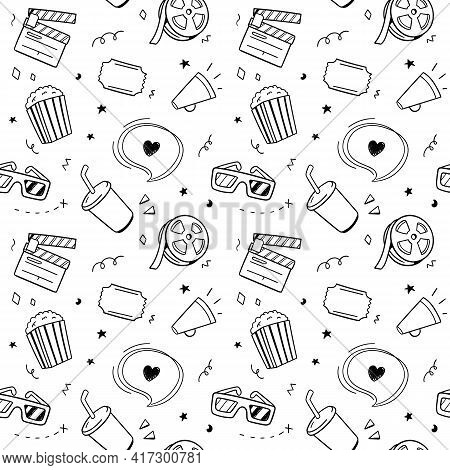 Cinema Seamless Pattern.doodle Drawing Design Concept. Vector Illustration