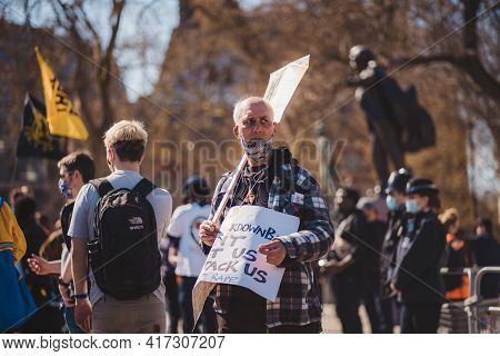 Westminster, London | Uk -  2021.04.17: People With Banners And Placards Marching At The Kill The Bi