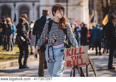 Westminster, London | Uk -  2021.04.17: People With Banners And Placards Marching At The Kill The Bi