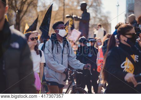 Westminster, London | Uk -  2021.04.17: People With Banners And Placards Marching At The Kill The Bi