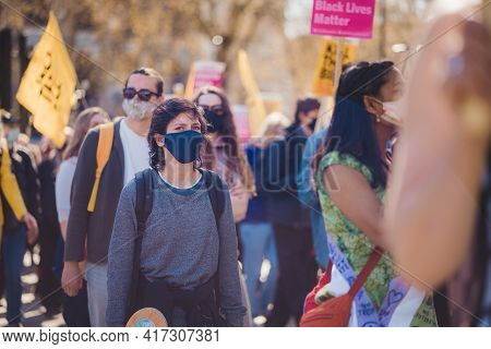 Westminster, London | Uk -  2021.04.17: People With Banners And Placards Marching At The Kill The Bi
