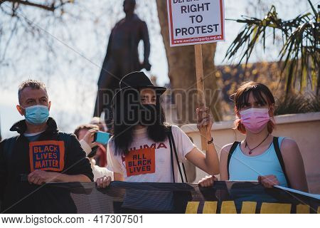 Westminster, London | Uk -  2021.04.17: People With Banners And Placards Marching At The Kill The Bi