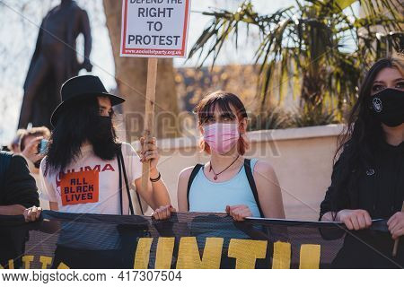 Westminster, London | Uk -  2021.04.17: People With Banners And Placards Marching At The Kill The Bi