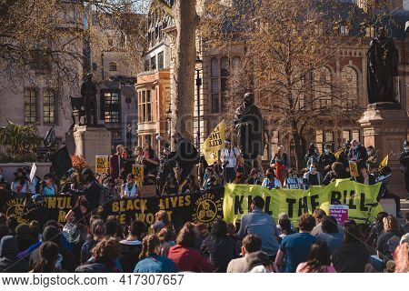Westminster, London | Uk -  2021.04.17: People With Banners And Placards Marching At The Kill The Bi