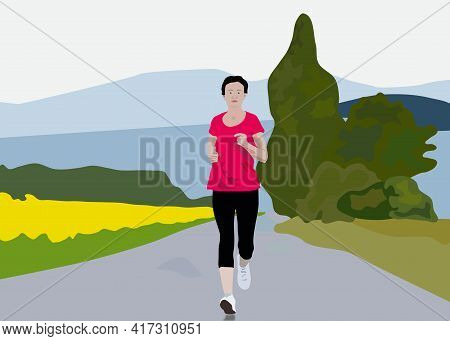A Woman Running At High Speed Is Moving Along The Road. Fitness, Healthy Lifestyle. Useful For Creat