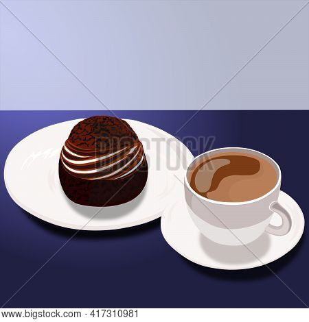Breakfast, Delicious Start To The Day. A Cup Of Hot Coffee And Fresh Cakes. Cartoon Flat Icon Illust