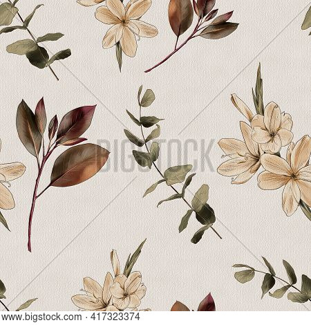 Branch, Flowers Watercolor Painting, Seamless Pattern. Watercolor Print.