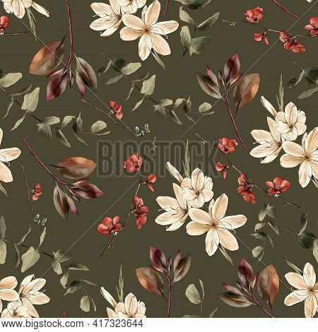 Branch, Flowers Watercolor Painting On A Dark Background , Seamless Pattern.