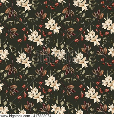 Branch, Flowers Watercolor Painting, Seamless Pattern. Watercolor Print.