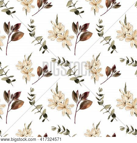 Branch, Flowers Watercolor Painting On A White Background , Seamless Pattern.