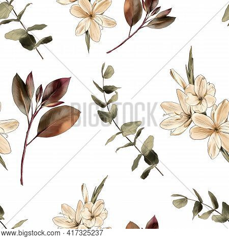 Branch, Flowers Watercolor Painting On A White Background , Seamless Pattern.