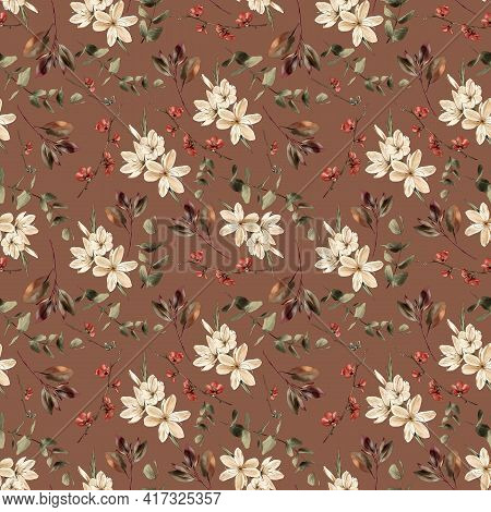 Branch, Flowers Watercolor Painting, Seamless Pattern. Watercolor Print.