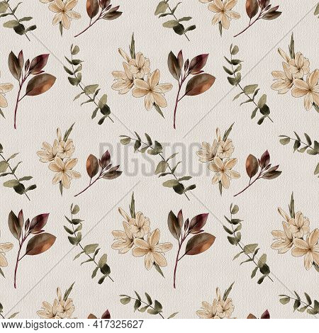 Branch, Flowers Watercolor Painting On A White Background , Seamless Pattern.