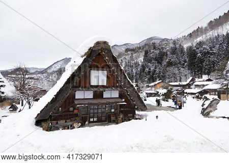 Shirakawa, Japan - Feb 1,2017 : Old Japanese Gassho Farmhouse At Shirakawa Go Village In Shirakawa, 