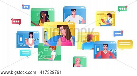 Mix Race Friends In Web Browser Windows Chatting During Video Call Virtual Conference Online Communi