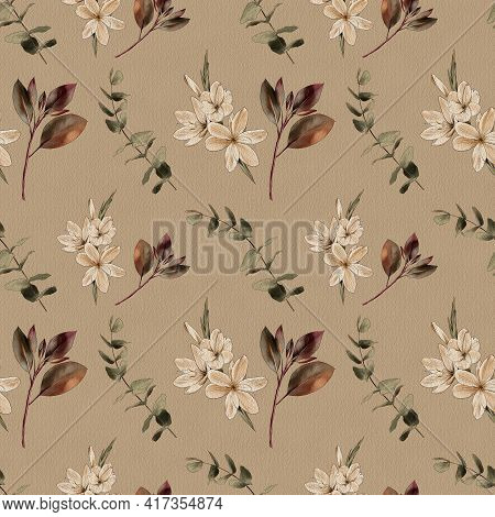 Flowers And Branches On A Beige Background, Watercolor Painting, Seamless Pattern.