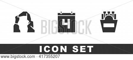 Set Grand Canyon, Calendar With Date July 4 And Potatoes French Fries In Box Icon. Vector