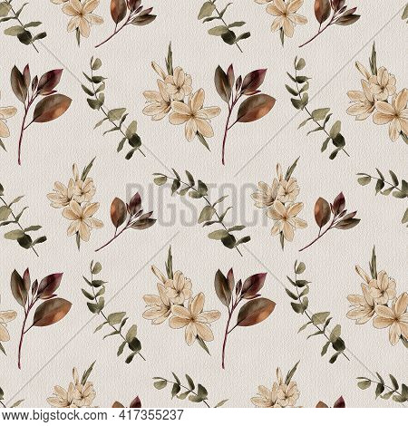 Botanical Vintage Seamless Pattern. Flowers And Branches On A White Background, Watercolor Painting,