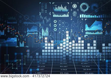 Blue Hologram Of Digital Interface With Bar Chart, Fingerprint And Stock Market Graph Changes. Graph