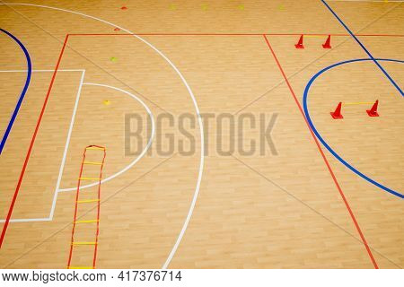 Gym For Playing Futsal, Mini-football. Folded Wooden Parquet On The Field Of Hall For Mini-football.
