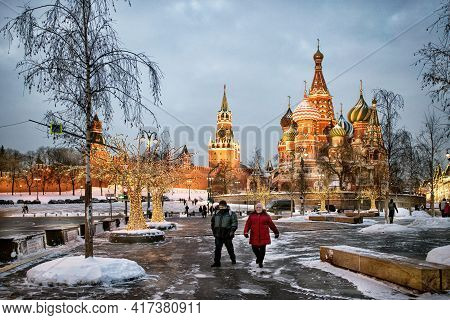 Moscow, Russia - January 15, 2021: A Splended View Of Moscow Kremlin, St. Basil's Cathedral And Chri