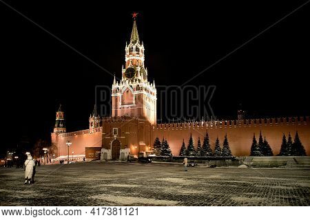 Moscow, Russia - January 15, 2021: A Splended View Of Moscow Kremlin, Spasskaya Tower On Red Square 