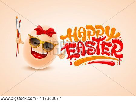 Smiling Easter Egg With Sunglasses Red Bow And Paint Brushes. Funny Character To Easter Holidays. Un