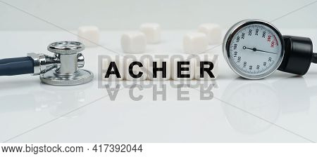 Medicine Concept. On A Reflective White Surface Lies A Stethoscope And Cubes With The Inscription - 