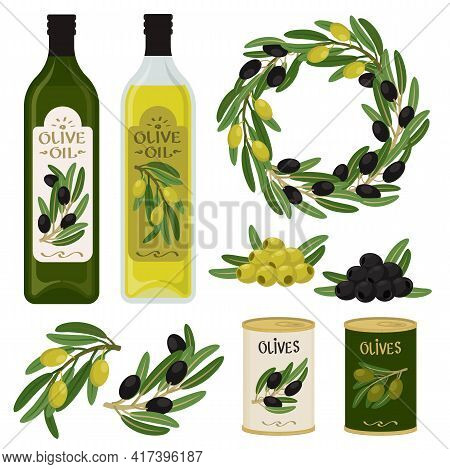 Bottles Of Olive Oil With Green And Balck Olives. Olive Brances And Garland. Flat Design Vector Elem