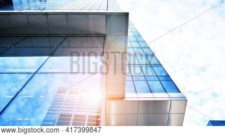 Downtown Corporate Business District Architecture. Glass Reflective Office Buildings Against Blue Sk
