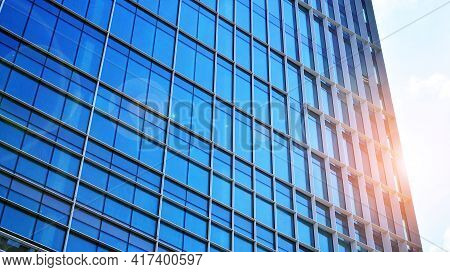 Downtown Corporate Business District Architecture. Glass Reflective Office Buildings Against Blue Sk