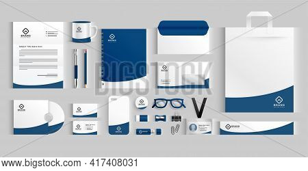 Stylish Business Stationery Items Set In Blue Color Design Vector Illustration