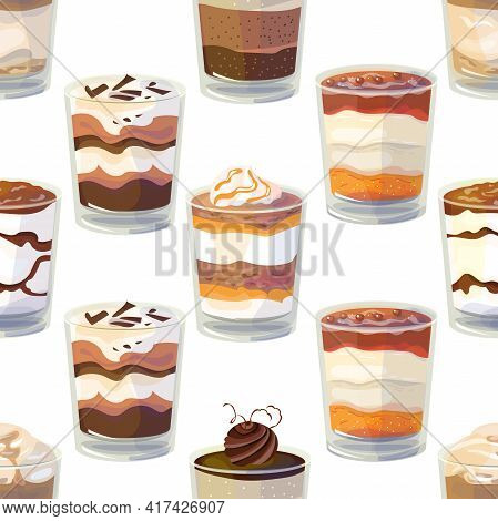 Seamless Pattern With Traditional English Dessert Trifle. Endless Texture With Sweet Cake, Chocolate