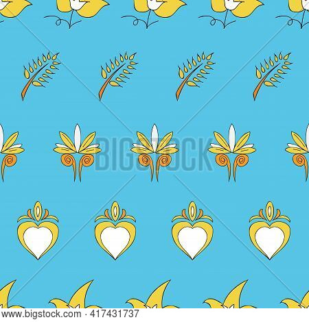 Vector Bright Blue Background Brittany Celtic, Breton Trational Folklore Symbols Seamless Pattern. S