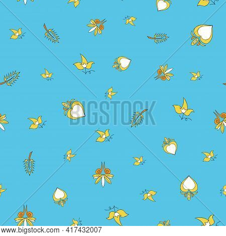 Vector Bright Blue Background Brittany Celtic, Breton Trational Folklore Symbols Seamless Pattern. S