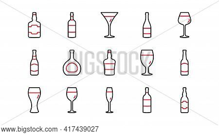 Bottles Line Icons. Beer Drinks, Wine Glass And Whiskey Bottle. Champagne Linear Icon Set. Linear Se
