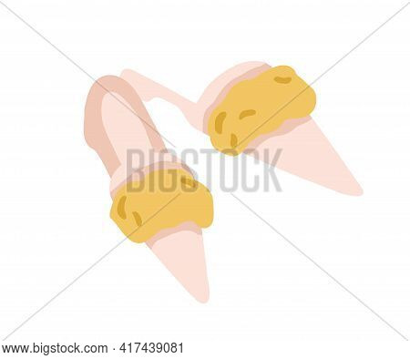 Pair Of Pointed Toe Fur Winter Slippers Isolated On White. Home Backless Furry Shoes. Trendy Elegant