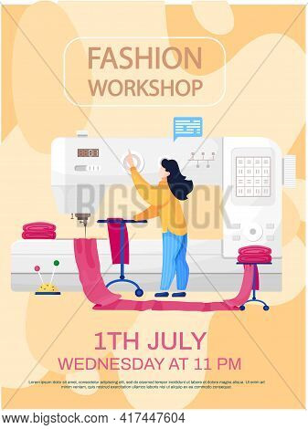 Girl Inserts Piece Of Fabric Into Sewing Machine With Needle. Fashion Workshop Concept Poster