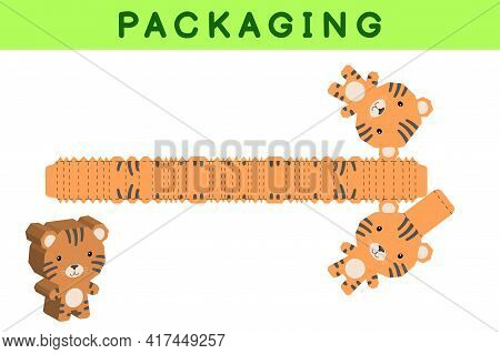 Party Favor Box Die Cut Tiger Design For Sweets, Candies, Small Presents, Bakery. Package Template, 