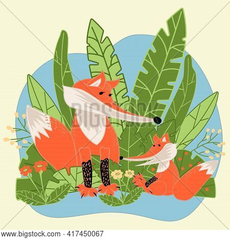 Mom Fox With Little Fox On Green Grass In Cartoon Flat Style. Hand Drawn Childrens Illustration For 