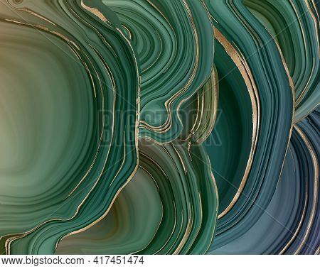 Beautiful Pastel Gteen Gold Abstract Marble Agate Design. Abstract Marbling Agate Texture And Shiny 