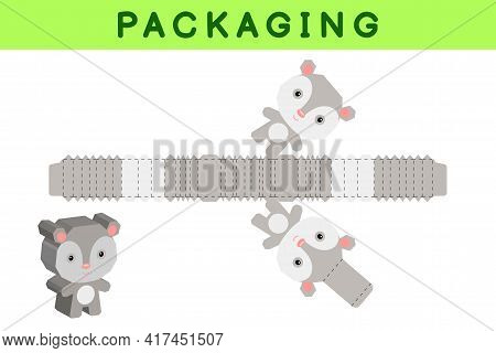 Party Favor Box Die Cut Opossum Design For Sweets, Candies, Small Presents, Bakery. Package Template