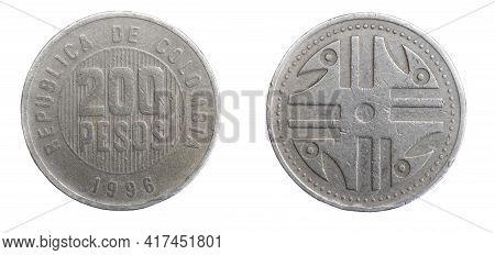 Colombia Two Hundred Pesos Coin On A White Isolated Background