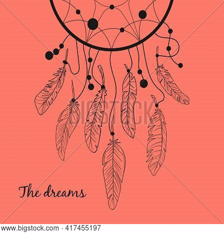 Vector Dream Catcher With Feathers. Dreams. Vector Illustration. Stock Image. Contour Image. Feather
