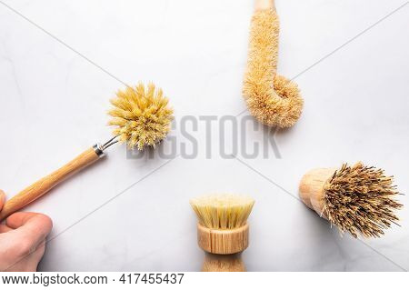 Eco Friendly Plant Based Cleaning Brush Set, Bamboo Kitchen Scrub Brush Set Of 4. Zero Waste Food Cl
