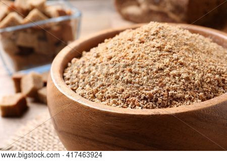 Fresh Breadcrumbs In Bowl On Table, Closeup