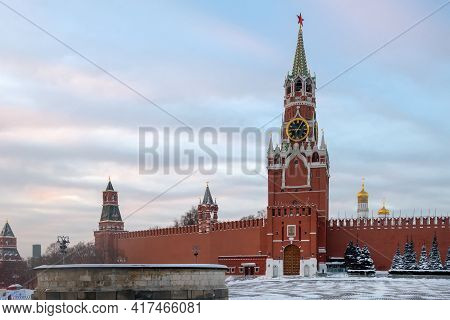 Spasskaya Tower Of The Moscow Kremlin On A Frosty Winter Morning