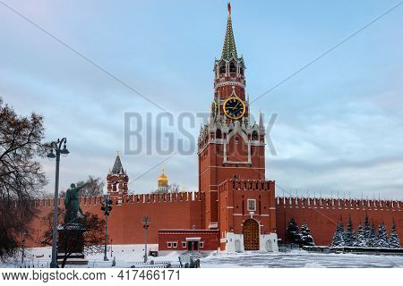 Spasskaya Tower Of The Moscow Kremlin On A Frosty Winter Morning